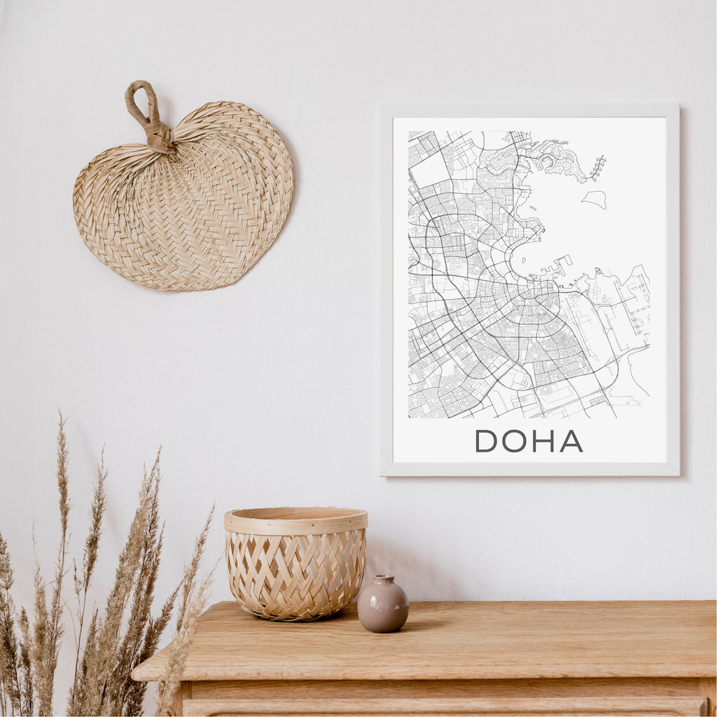 Doha black and white minimal map art