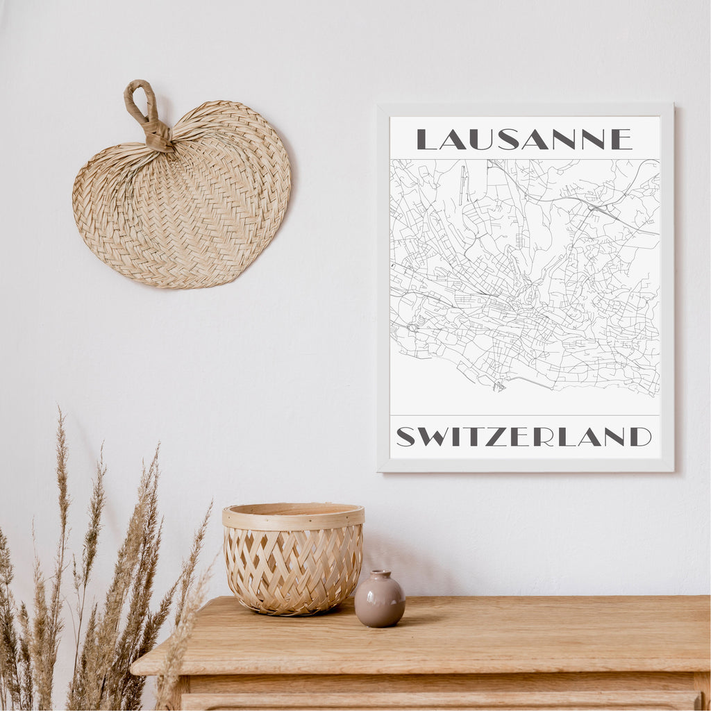 Lausanne black and white art deco map art