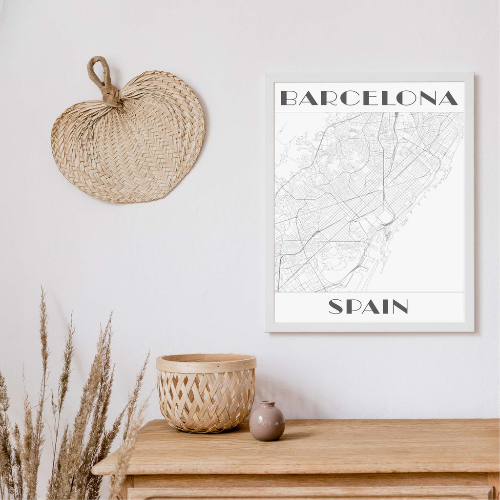 Barcelona black and white art deco map art