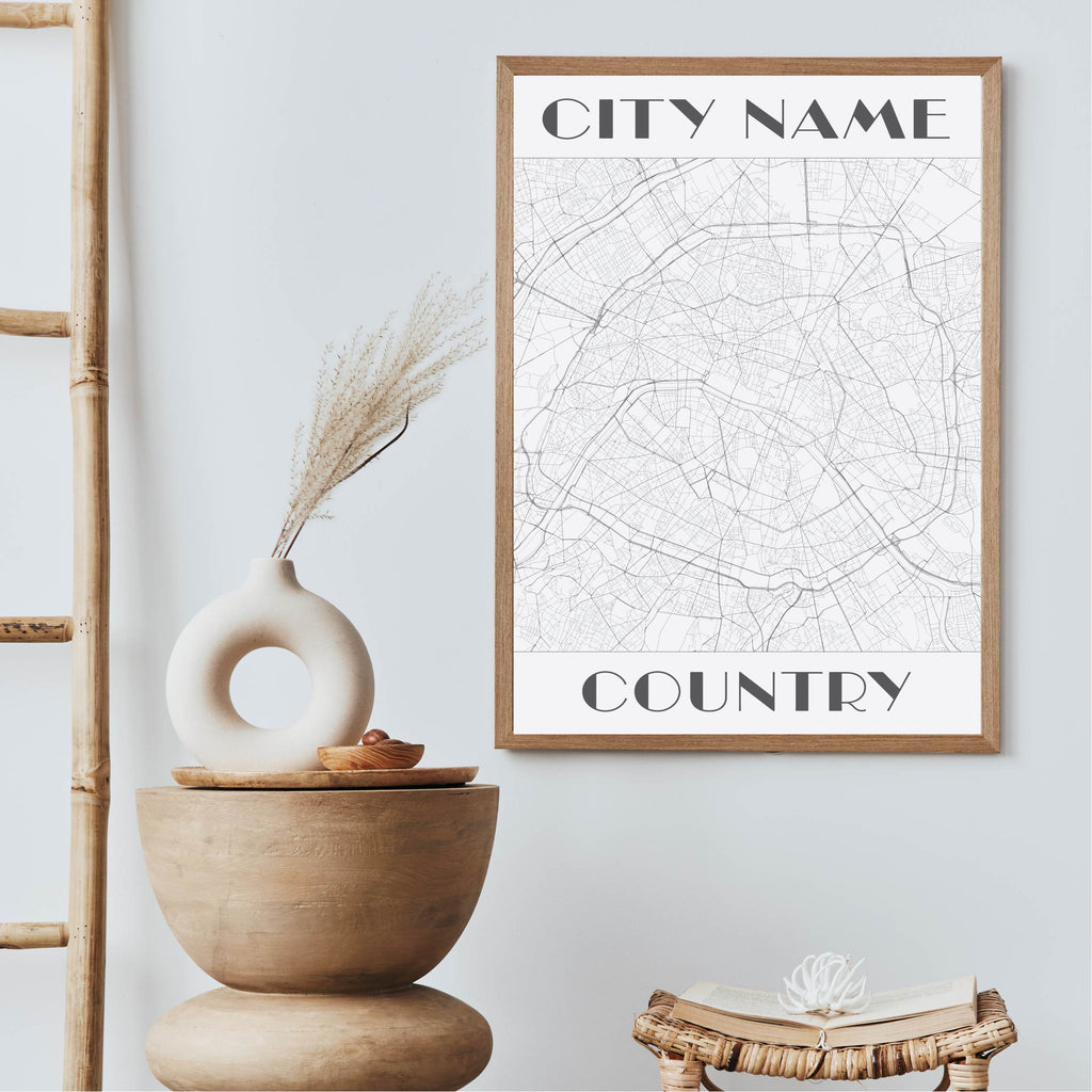 Custom black and white art deco map art