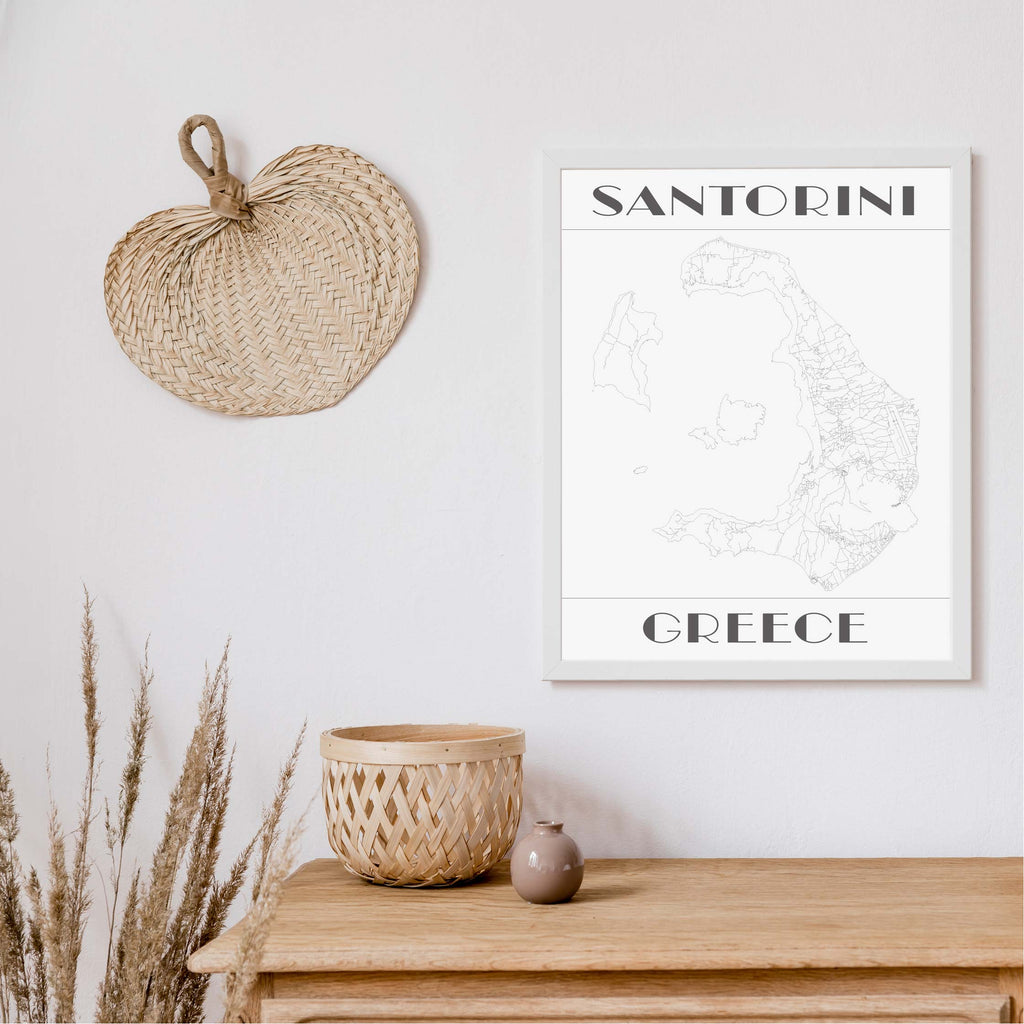 Santorini black and white art deco map art