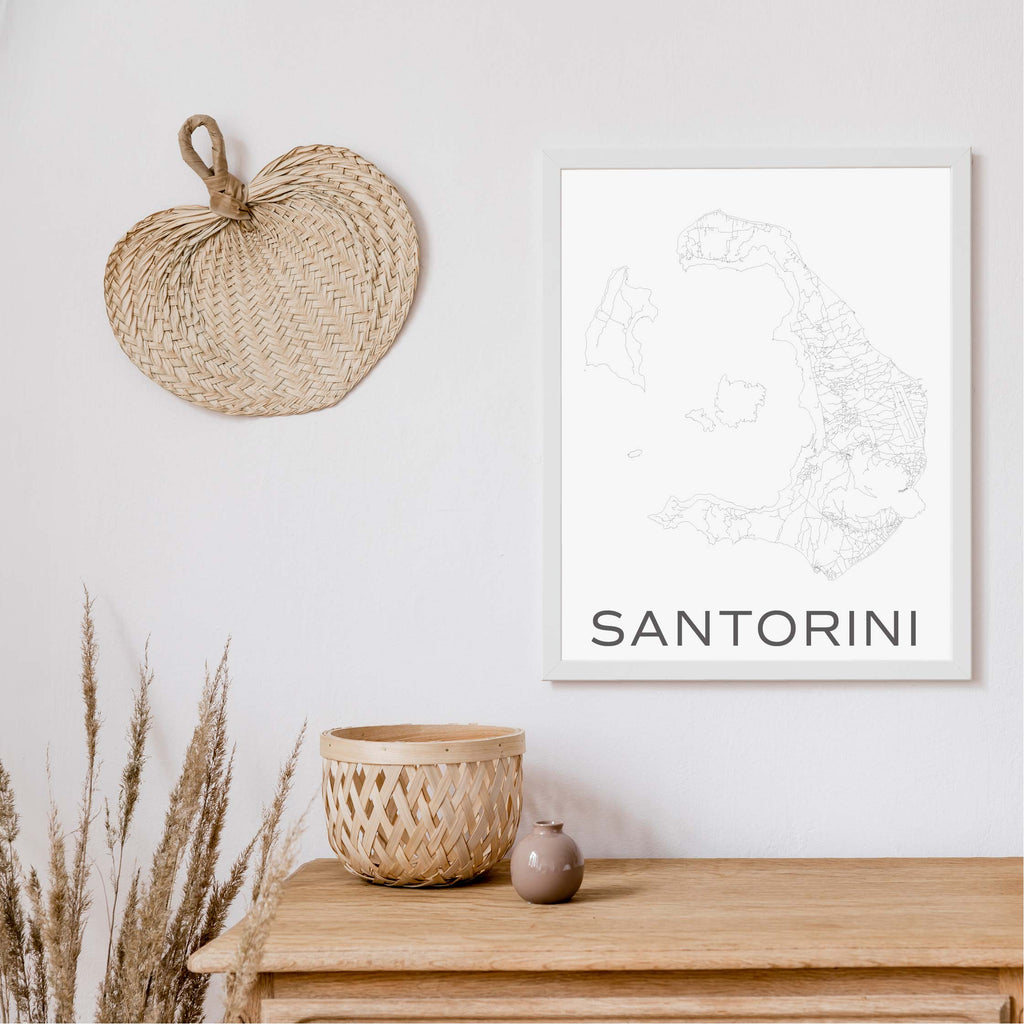 Santorini black and white minimal map art